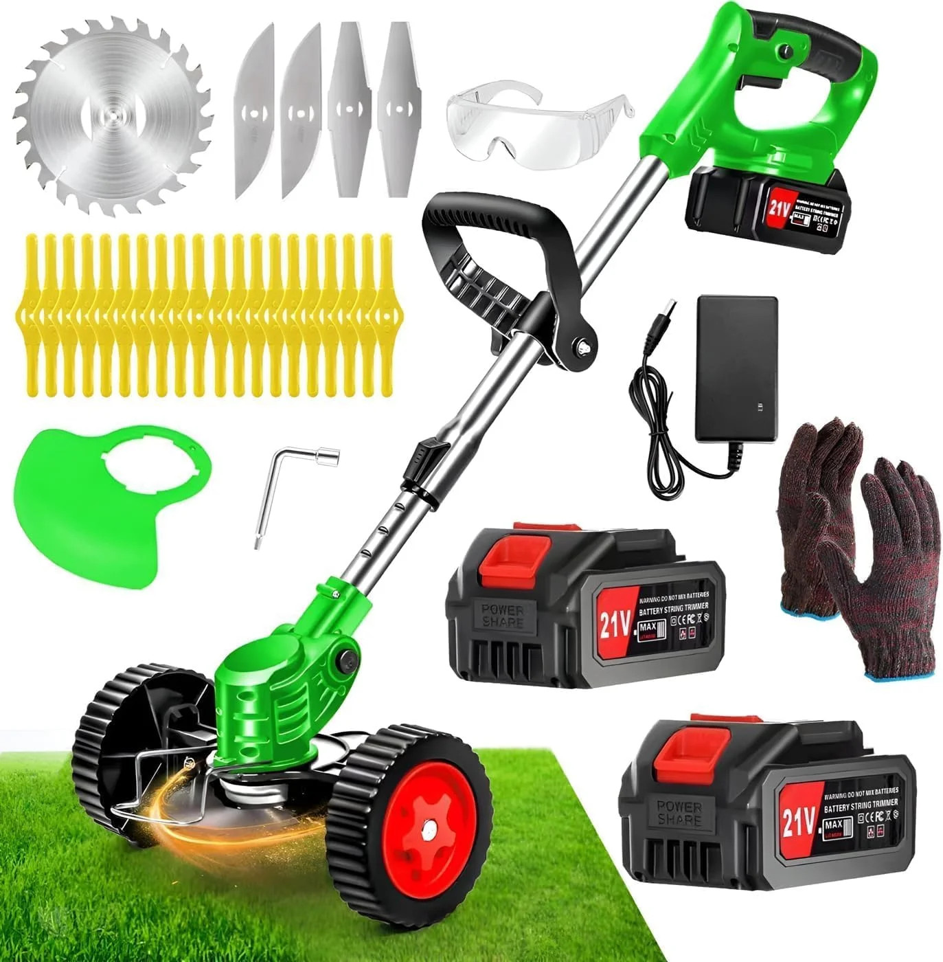 Cordless Weed Wacker with 2 Batteries, Lightweight 21V Weed Trimmer with Wheels,