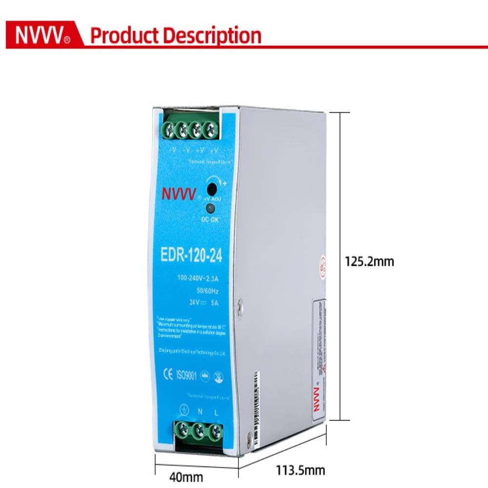 NVVV EDR-120-24 120W 24VDC 5Amp Industrial DIN Rail Power 24V 120W, Silver