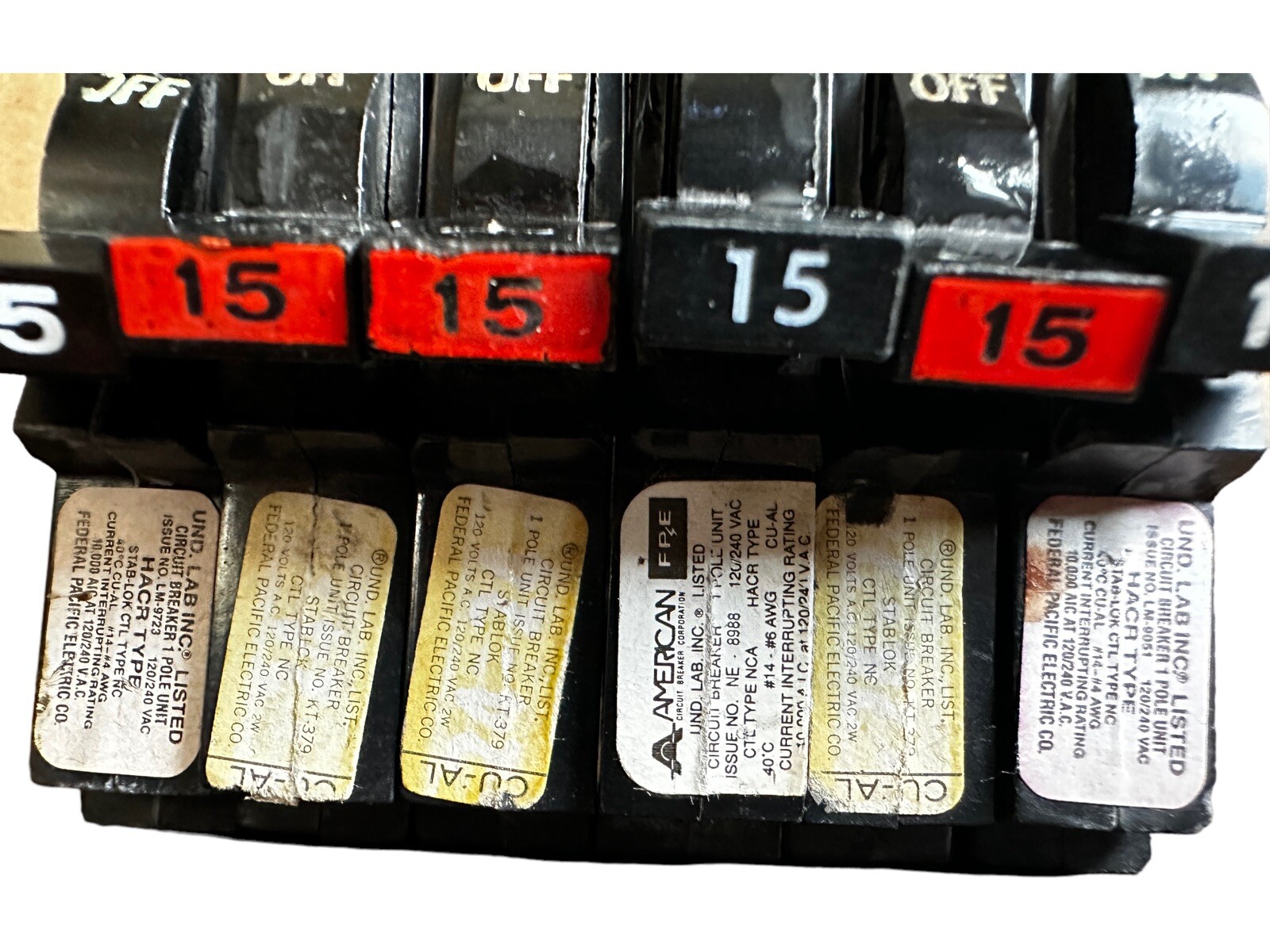 Lot of 6 Federal Pacific FPE NC115 Circuit Breaker 15A 1-Pole Stab-Lok Red Bezel