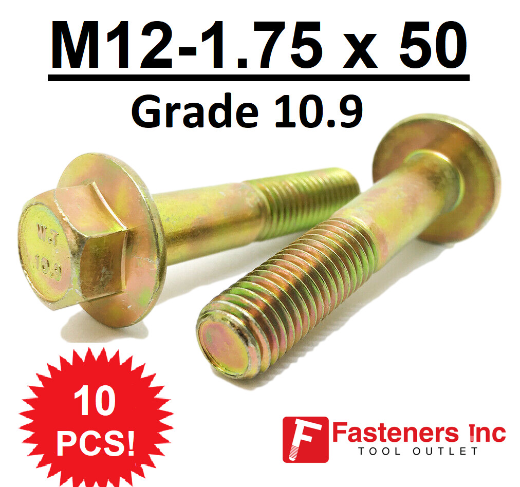 (QTY 10) M12-1.75 x 50 MM Metric Hex Flange Bolts Grade 10.9 Screws Zinc Yellow