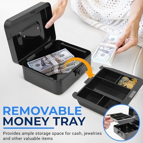 SereneLife 8″ Metal Cash Box with Lock | Cash Safe Lock Box with Money Tray |…