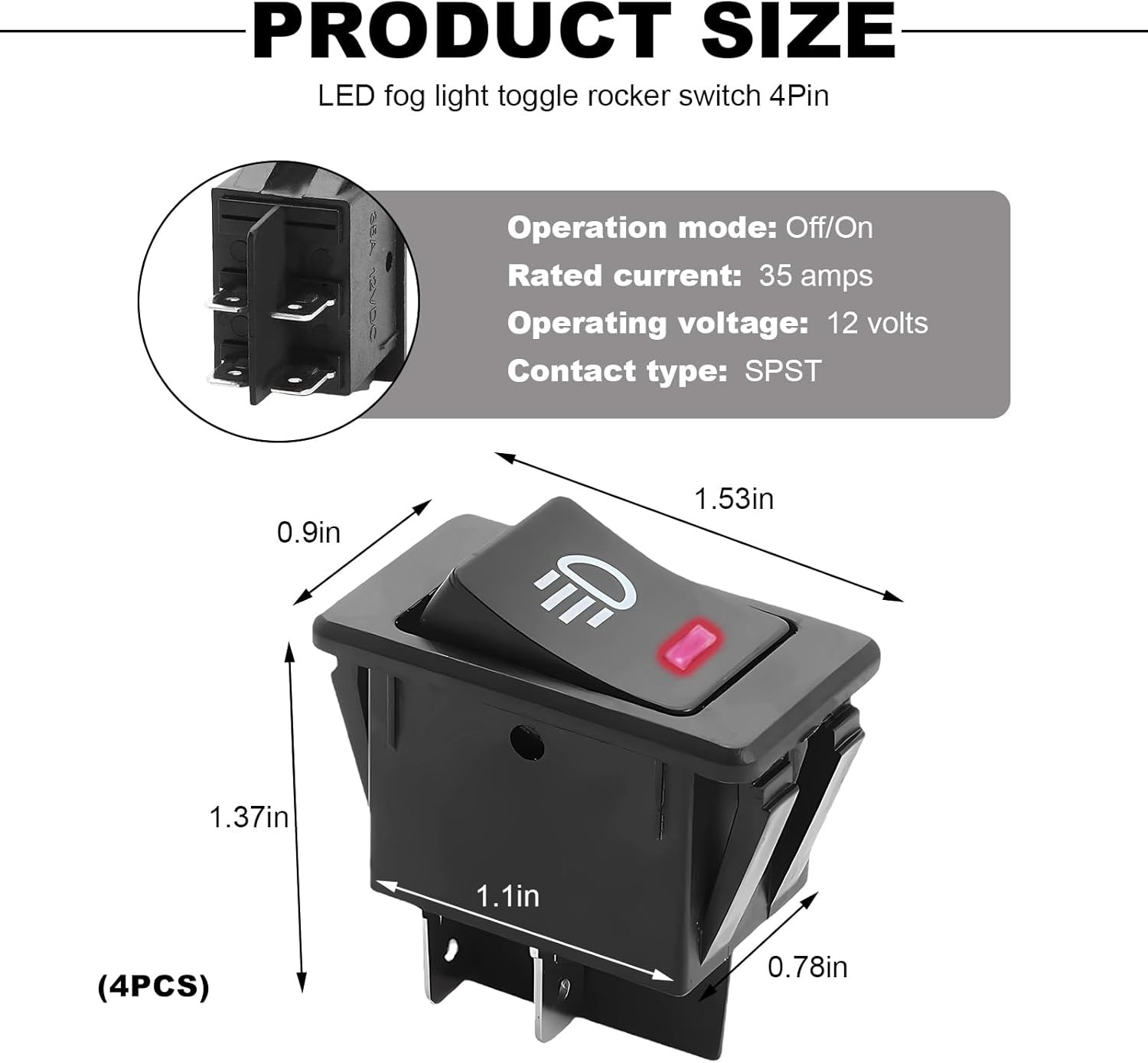 4-Pin 12V 35A SPST ON/Off Toggle Rocker Switch with LED Light, Un Color: 4 PCS