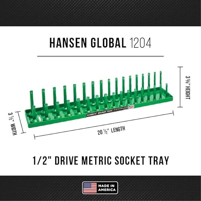 Hansen 6pc Socket Organizer Tray Rack Holder Metric SAE 1/4″ 3/8″ 1/2″ Green
