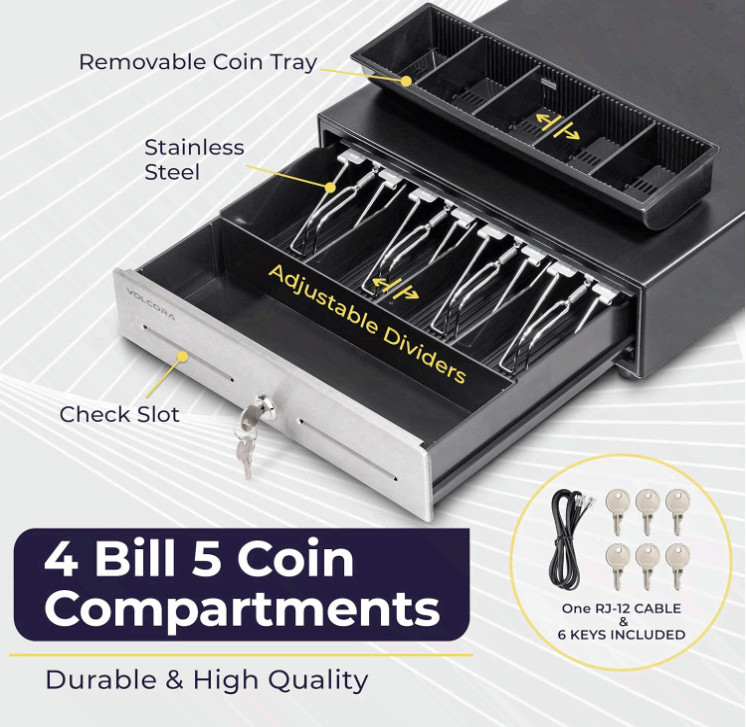 13″ POS Cash Drawer 4 Bill 5 Coin Tray with Key Lock RJ11/RJ12