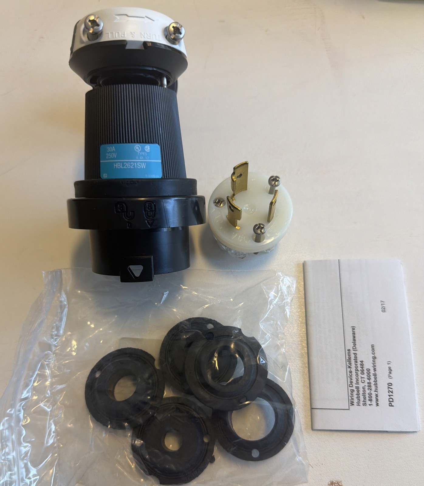 Hubbell Wiring Device-Kellems Hbl2621sw Watertight Locking Plug, L6-30P, 30 A,