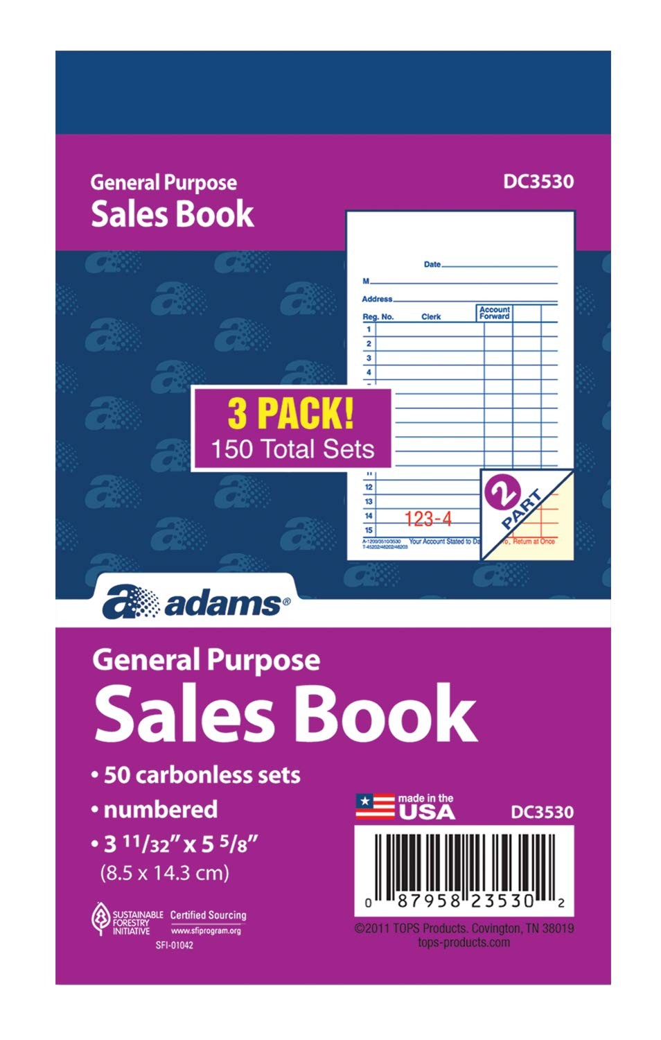Adams General Purpose Sales Book, 2-Part, 3 Count (Pack of 1), White/Canary