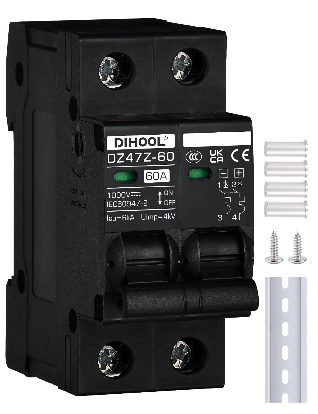 60 Amp DC Circuit Breaker DIN Rail Mount Solar Disconnect Switch 2P 1000V