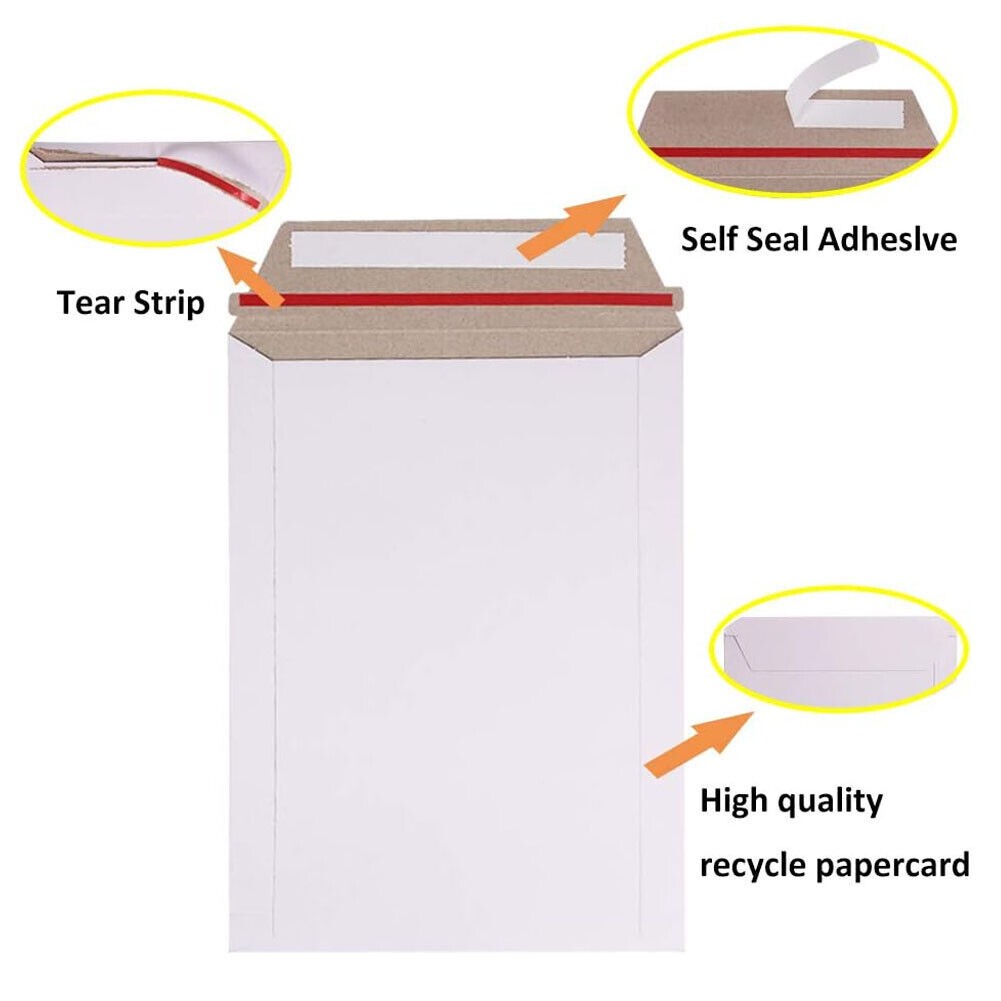 100 – 6×8 9×11.5 White Rigid Stay Flats Self-Seal Cardboard Envelope Mailers