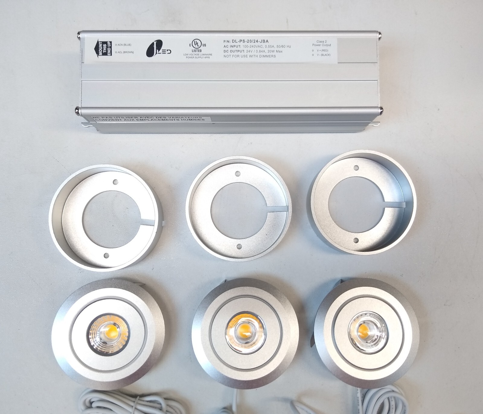 3ea. Jesco LED 3 in. Puck Lights 3000k SURFACE MOUNT & Jesco DL-PS-20/24 Driver