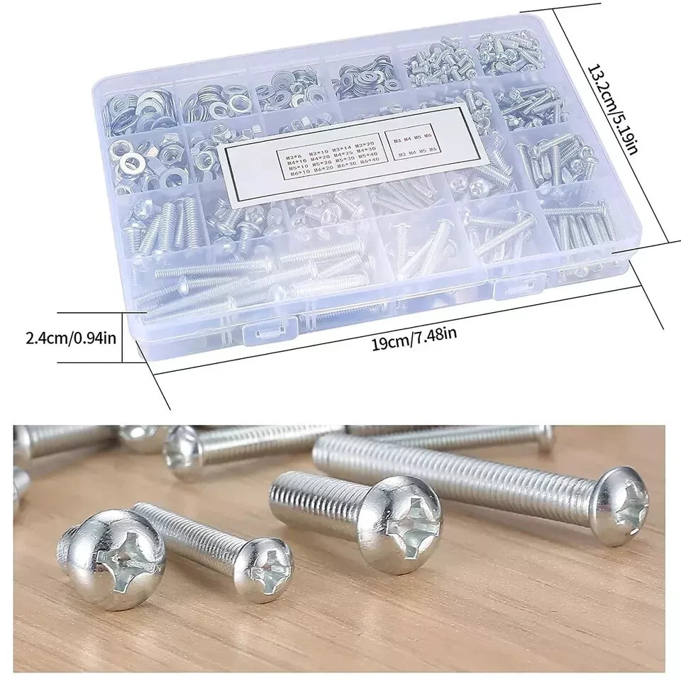 1080 Pcs Screws Bolts & Nuts Assortment Kit Metric Machine Pan Head Hex Phillips