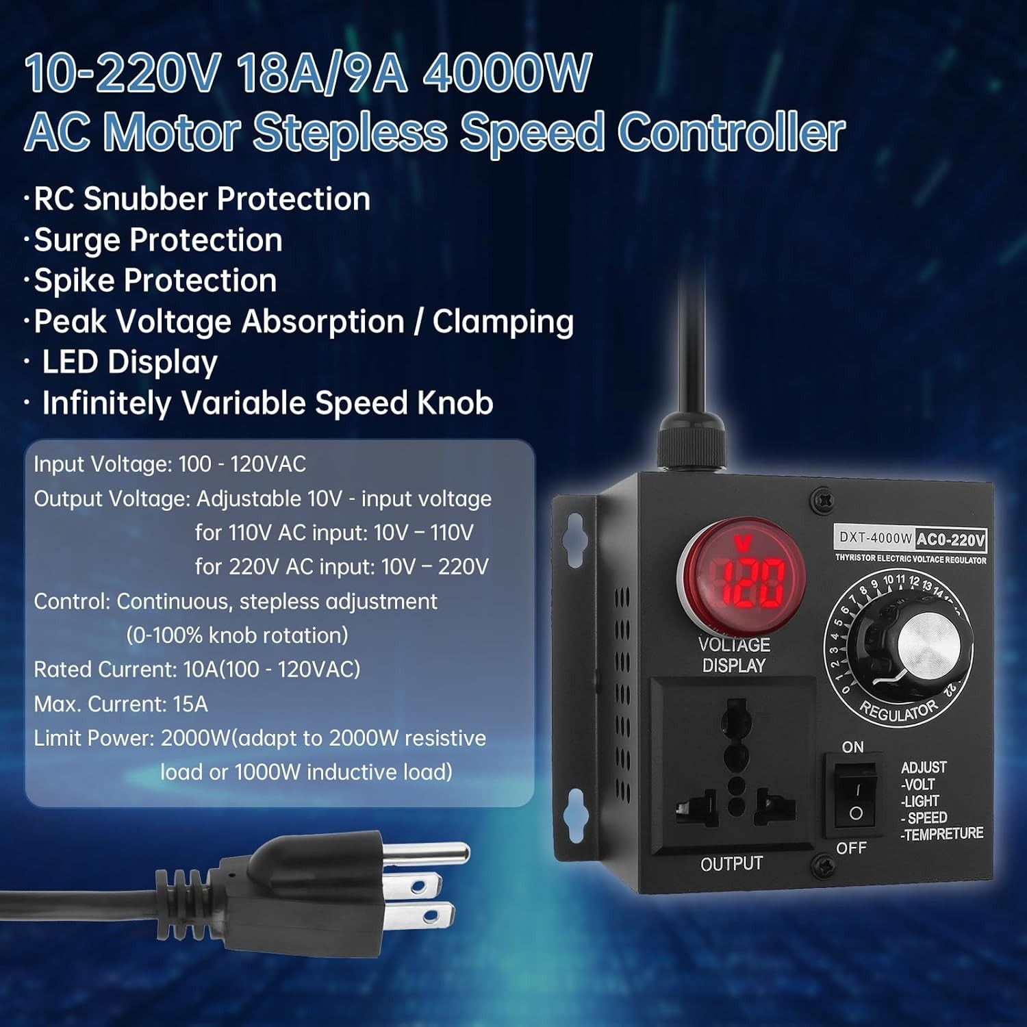 AC 120V~220V 4000W SCR Motor Speed Controller Volt Regulator Thermostat Dimmer