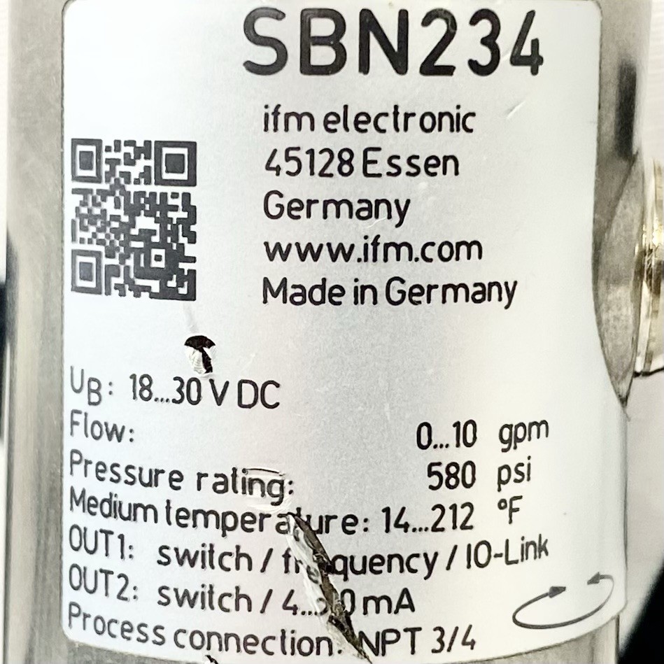 IFM Electronic SBN234 IO-Link Flow Meter 18-30VDC 0-10 GPM 580 PSI 45128