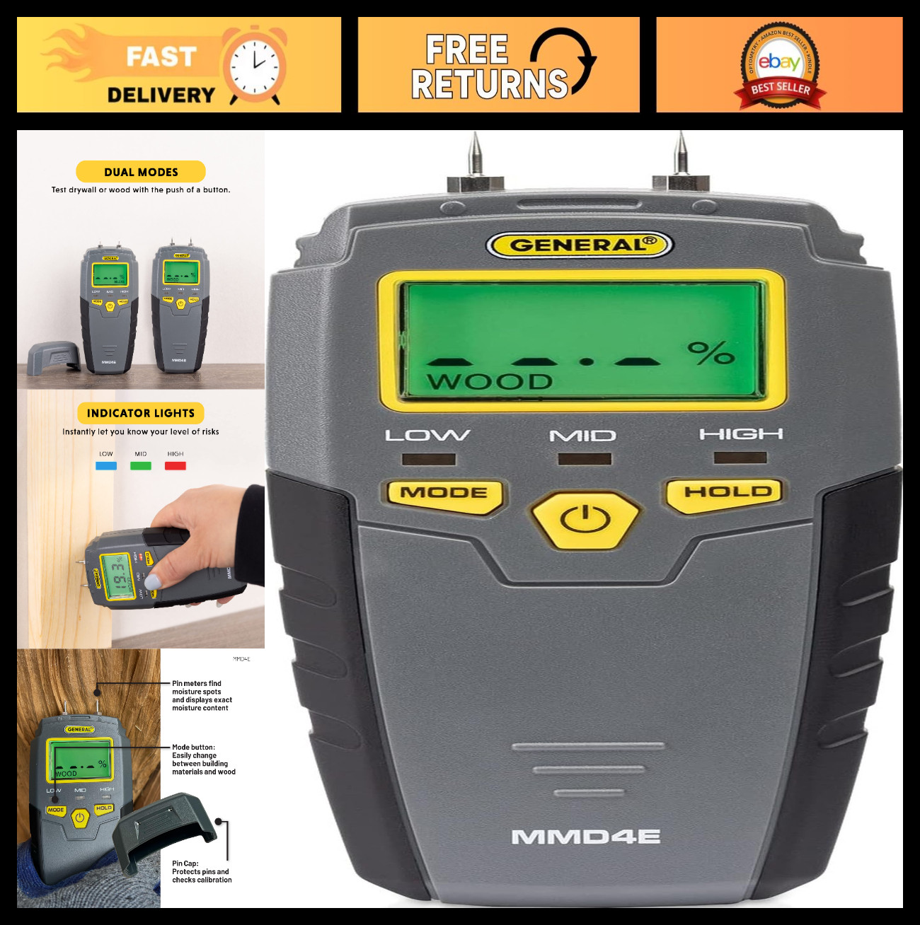 Digital Moisture Meter & Water Leak Detector – Pin Type, Backlit LCD, Alerts