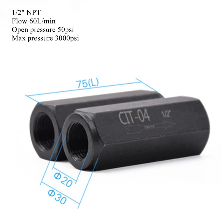 Hydraulic Check Valve 1/2 NPT Pump Oil 3000psi no Return Valve Single Way (1/2)