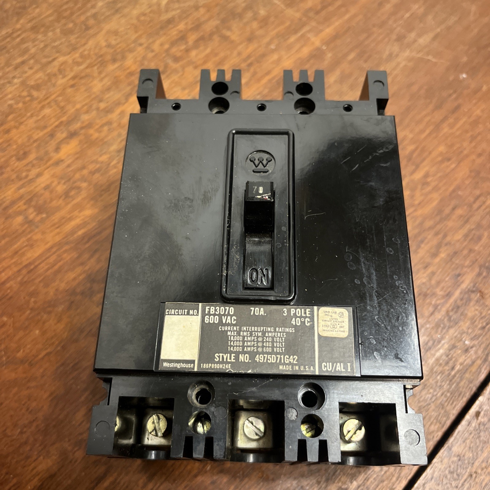 Westinghouse FB3070 AB DE-ION Circuit Breaker 70A 3 Pole 4975D71G42