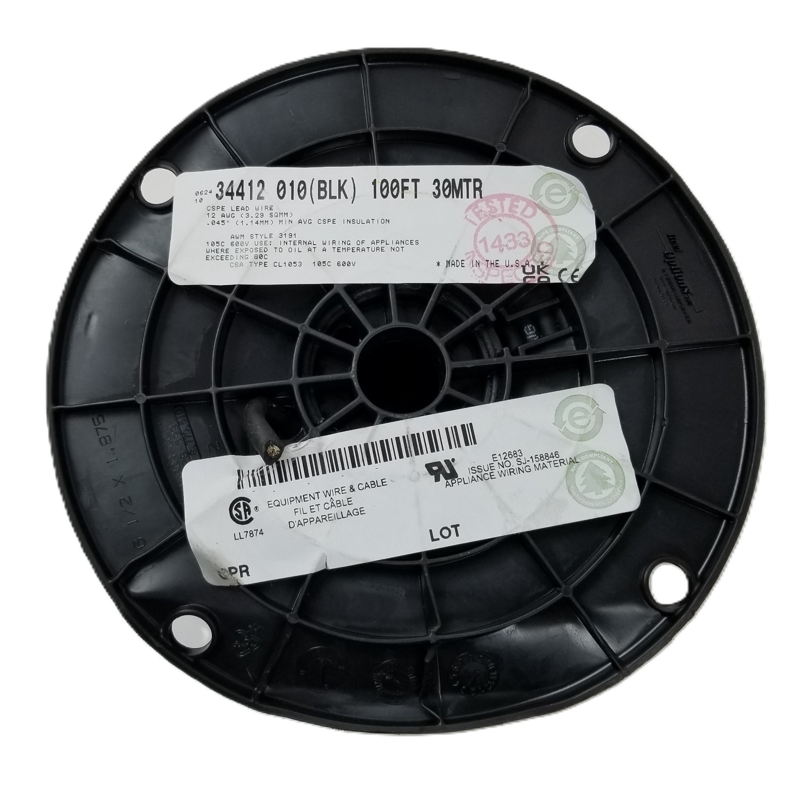 100ft Belden 34412 010(BLK) Hook-Up Wire 12AWG CSPE Insulation 600V Black NEW
