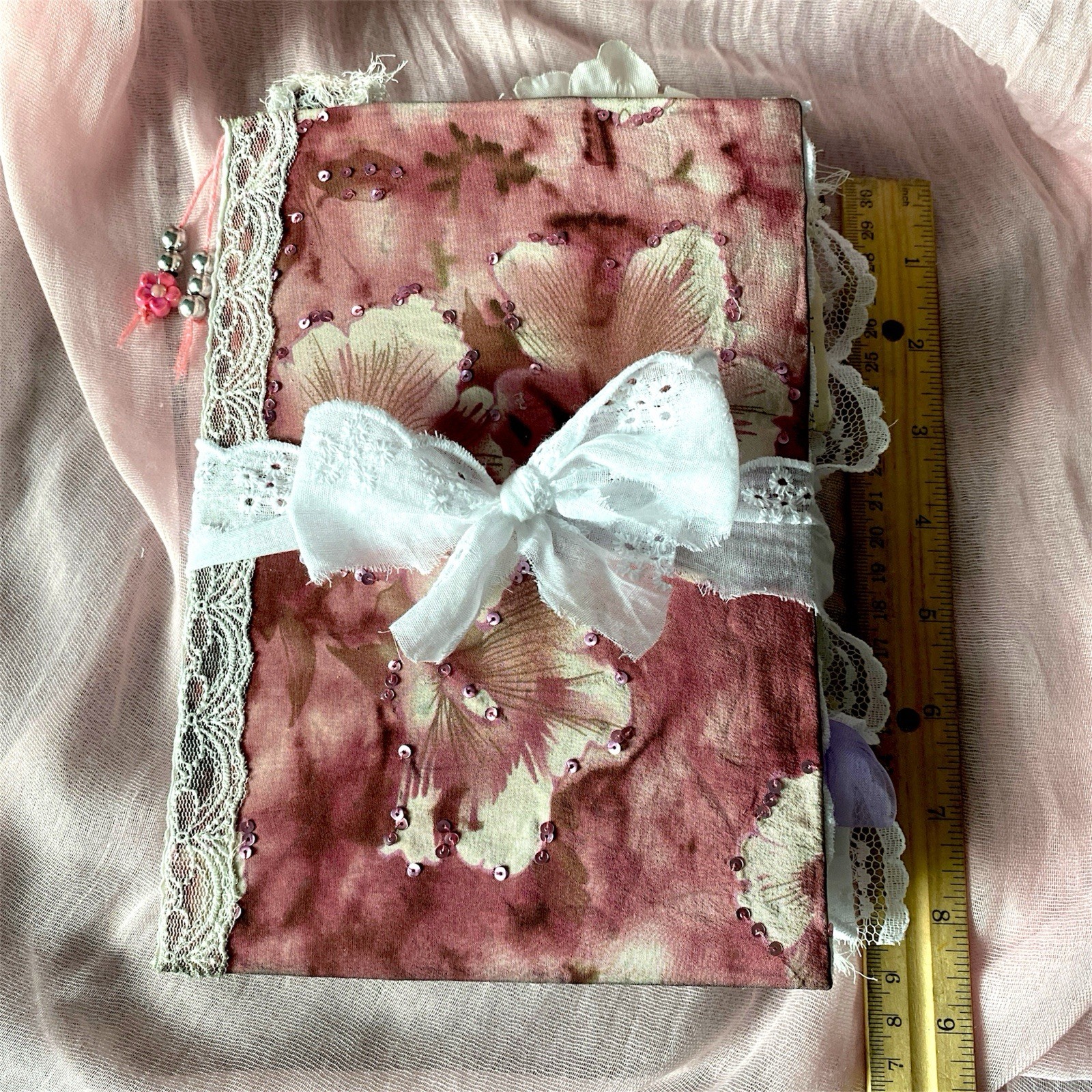 Handmade Vintage Silk Fabric Junk Journal Book Romantic Floral 2 Signatures Lace
