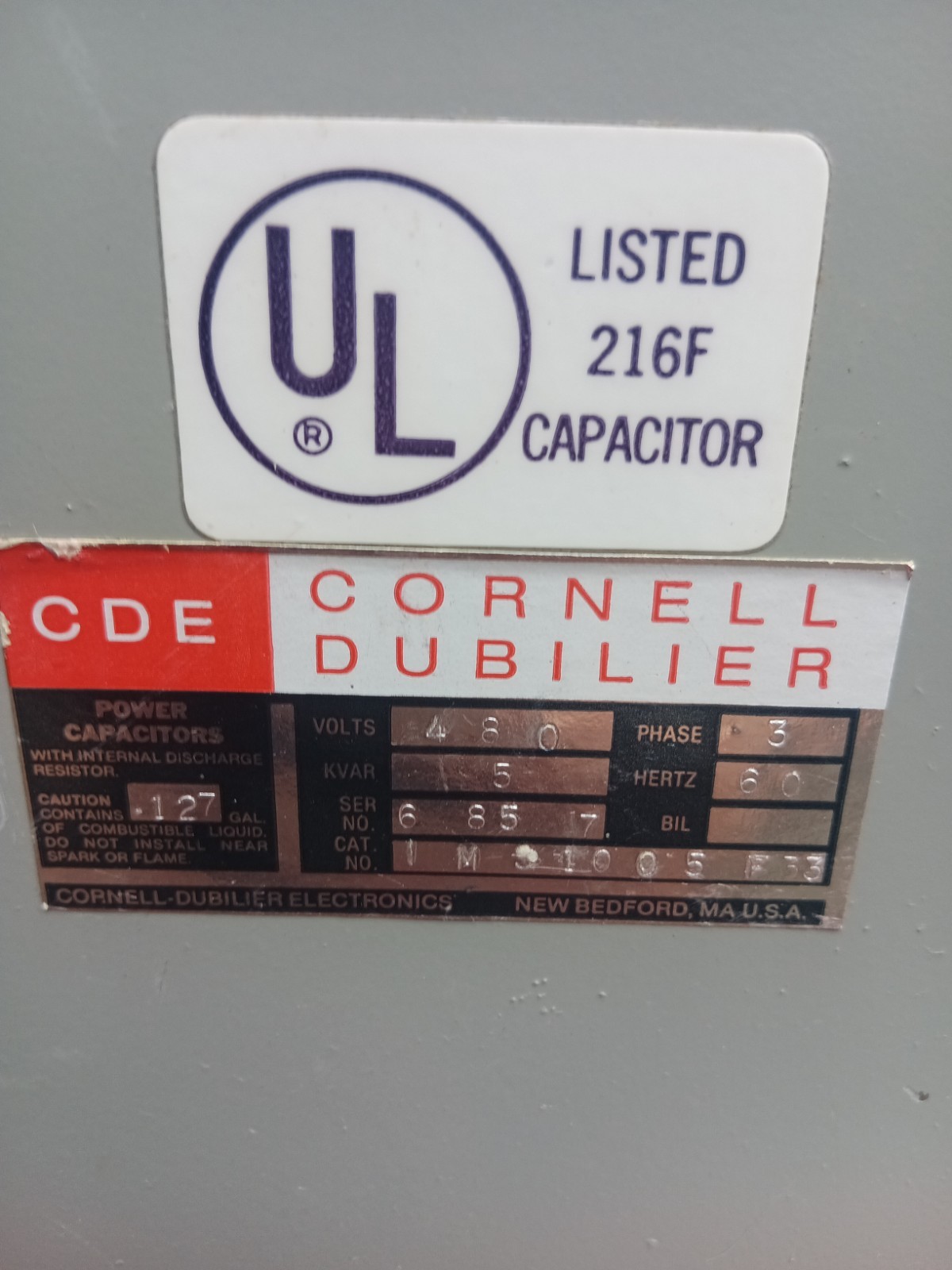 Cornell Dubilier 480 Volts Power Capacitors Three-phase 60 Hertz Listed 216f