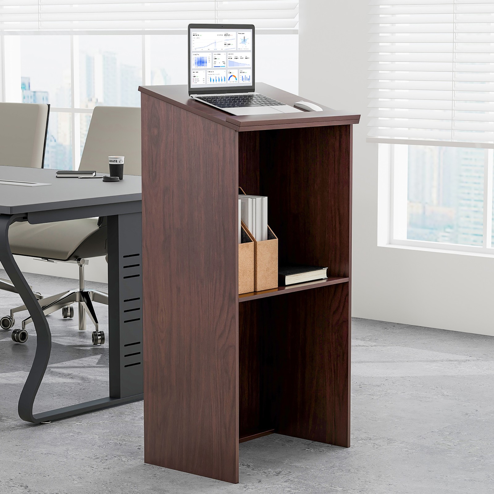 Wooden Floor Standing Podium Speaking Lectern w/ Adjustable Shelf & Pen Tray