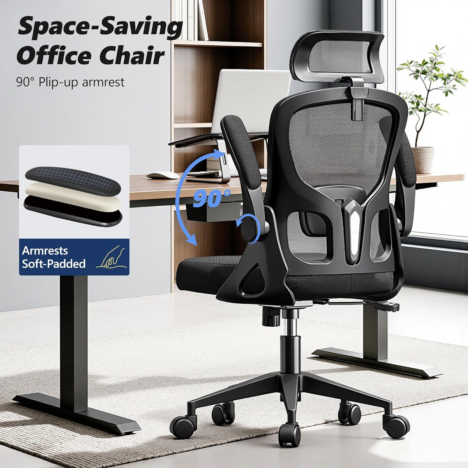 Ergonomic Office Chair, High Back Desk Chair with Flip-Up Arms, 300 LBS Mesh Com