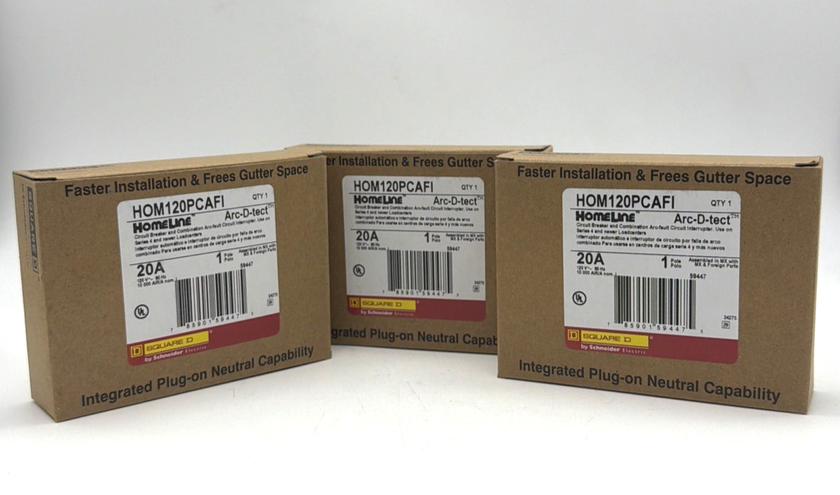 SQUARE D HOM120PCAFI AFCI CIRCUIT BREAKER 20A 1-POLE PLUG-ON NEUTRAL -3 PACK