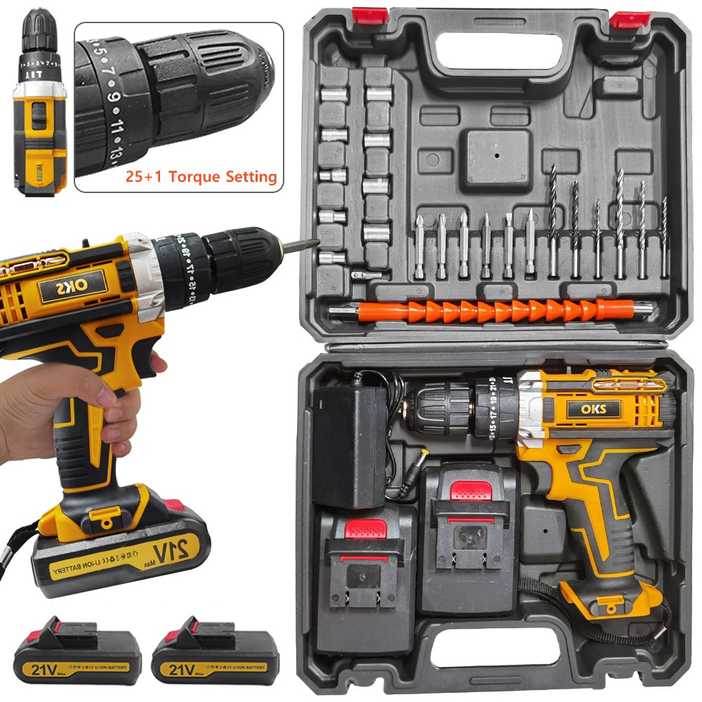 21V Cordless Impact Driver Electric Hammer Drill Combo Kit with 2 Battery B01