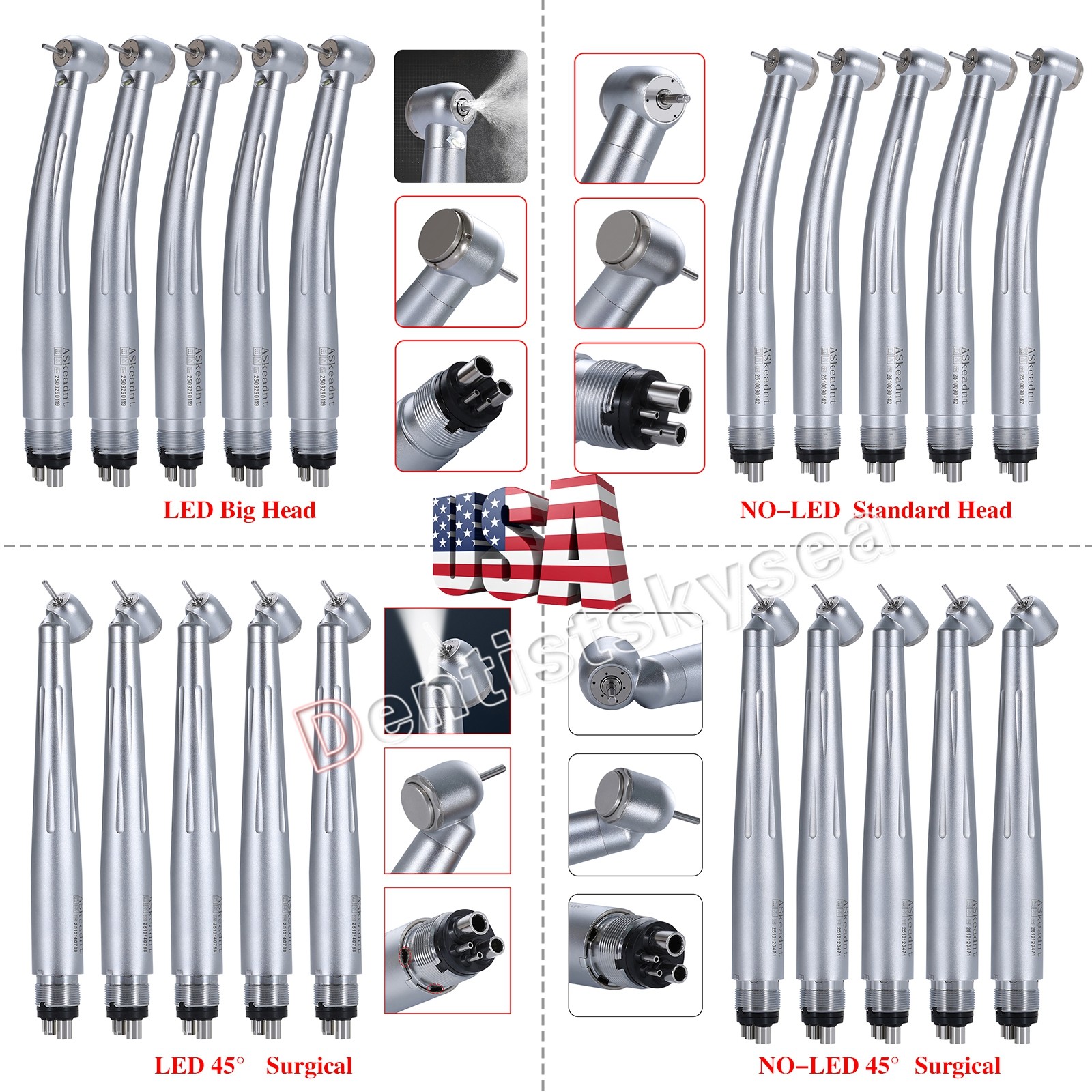 Dental LED 45° High Speed Handpiece Fiber Optic Turbine 4Holes/NO-LED Handpieces