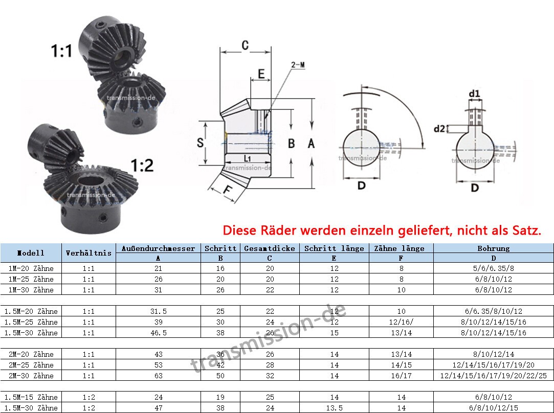 1.5 Module Bevel Gear 15/30 Tooth Bevel Gear Ratio 1:2 Bore 5/6/8-15mm