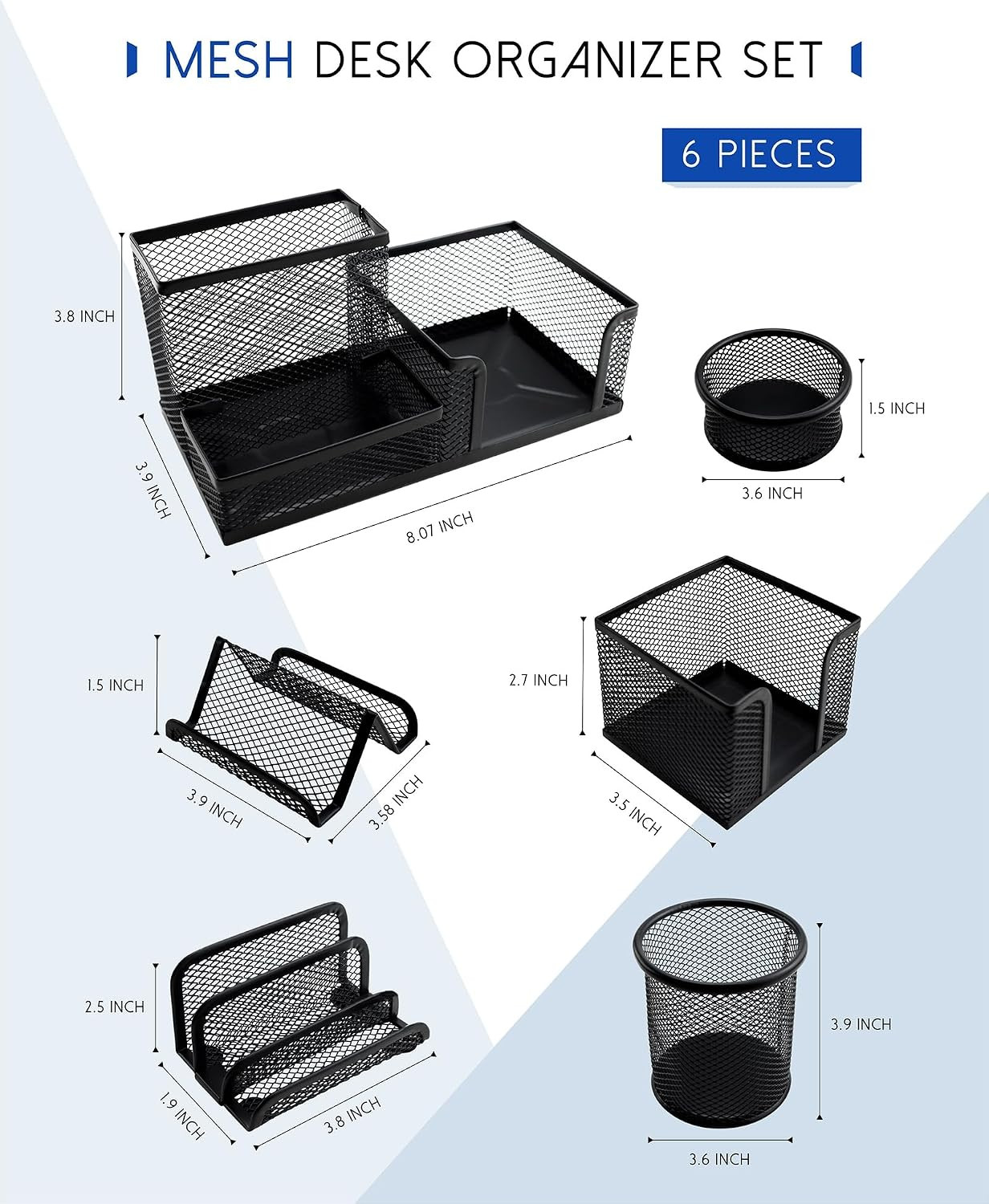 Desk Organizer Set, 6 Piece Mesh Office Accessories, Pen Holder, Phone Stand