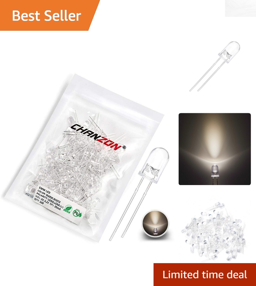 100 pcs 5mm Warm White LED Diodes – Bright Indoor Lighting for DIY Projects