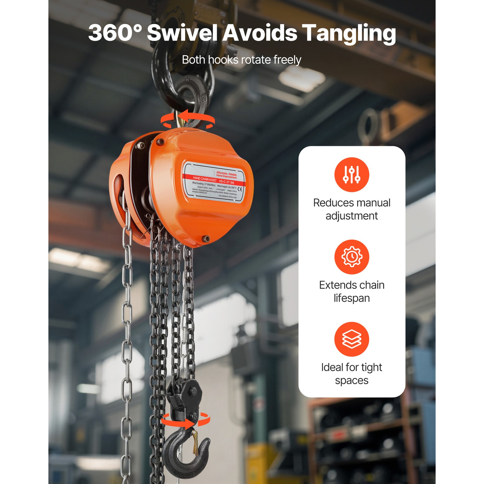 Uimoso Manual Chain Hoist 1100-6600lbs Load w/10/20ft G80 Chain 1T/2T/3T