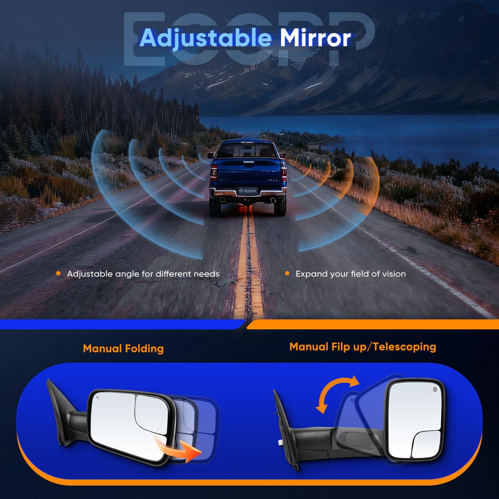 Tow Mirrors Power Heated Black No Turn Signal 1998-2001 Dodge Ram 1500 2500 3500