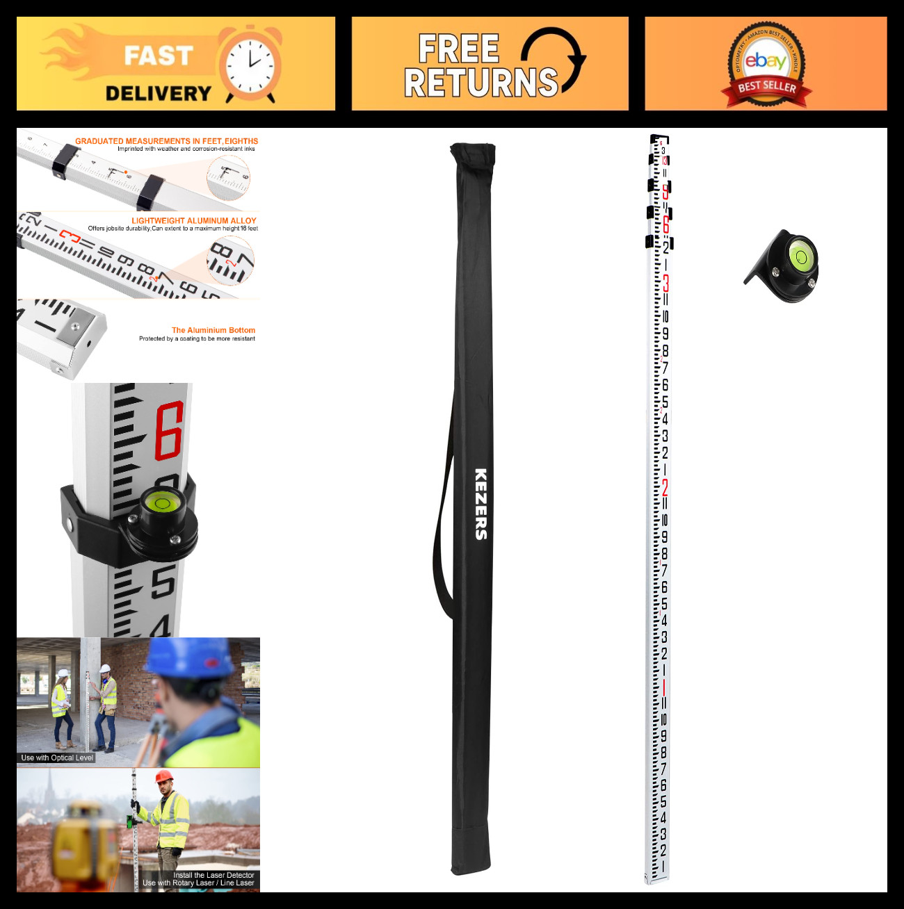 16FT Dual Sided Aluminum Grade Rod – 5 Section Telescopic Leveling Tool w/ Case