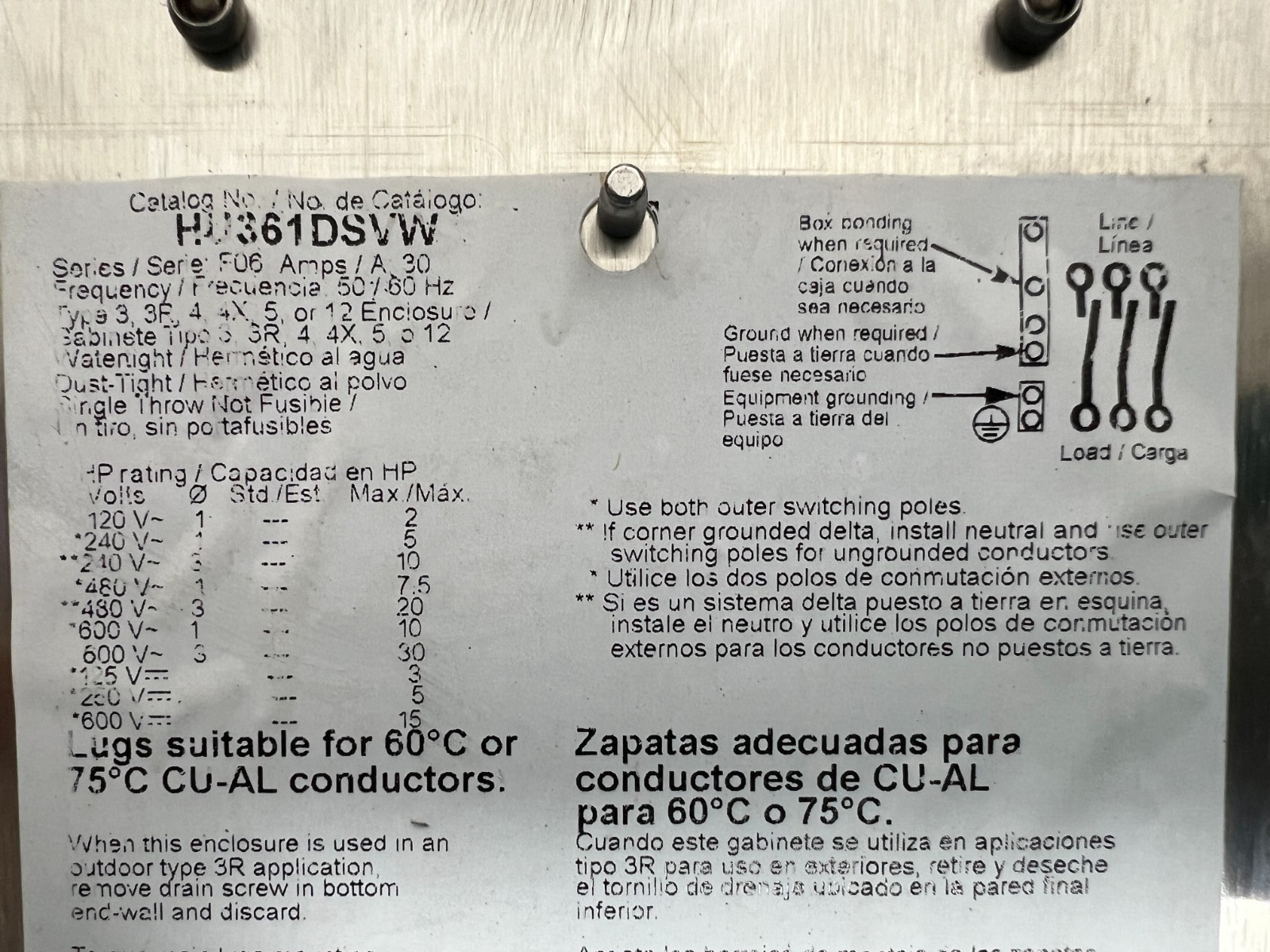 👀 SQUARE D 30A NON-FUSED STAINLESS STEEL SAFETY SWITCH 600V 3Ø 30 HP HU361DSVW