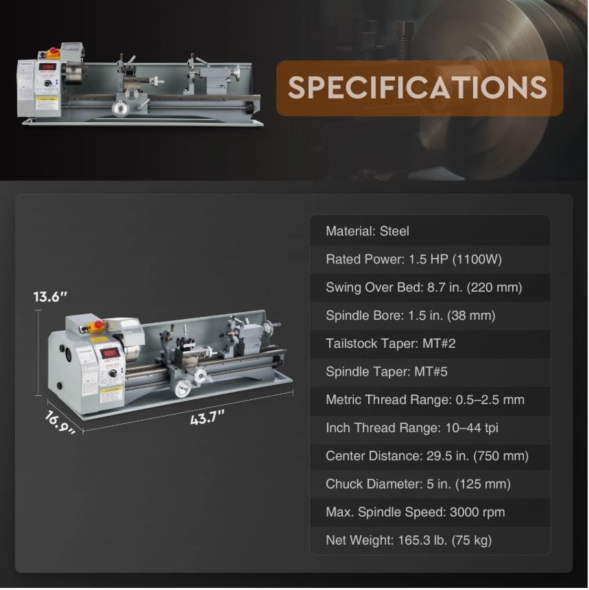 9×30″ Mini Metal Lathe 1100W DC Motor 3-Jaw Chuck LCD Display Metalworking