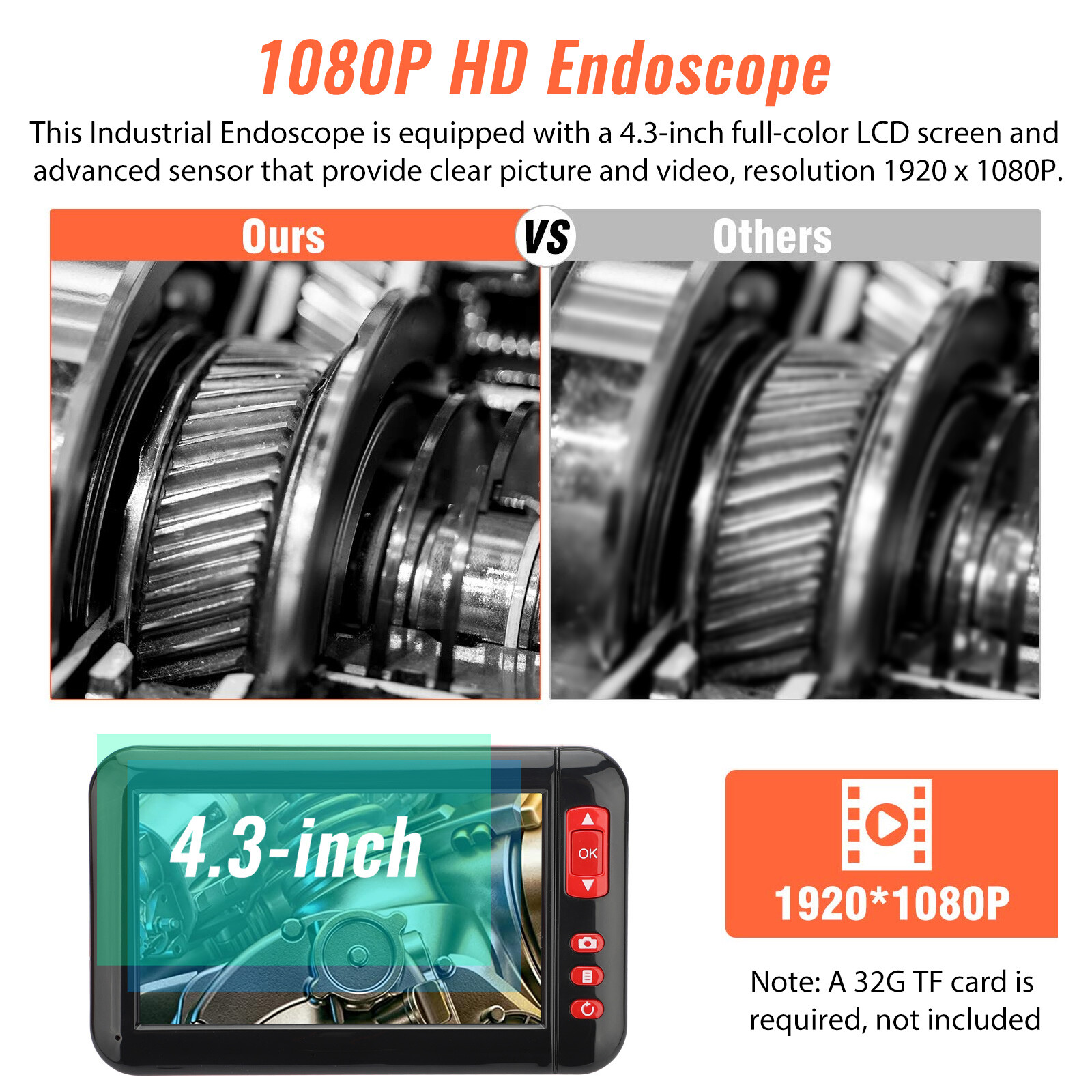 1080P HD Industrial Endoscope Borescope 4.3» Screen 8mm Inspection Snake Camera