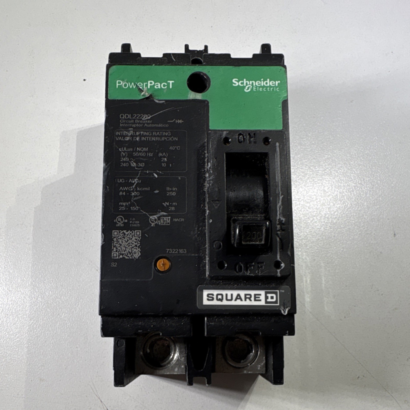 Square D PowerPacT QDL22200 2-Pole 200A Circuit Breaker, 201-250V