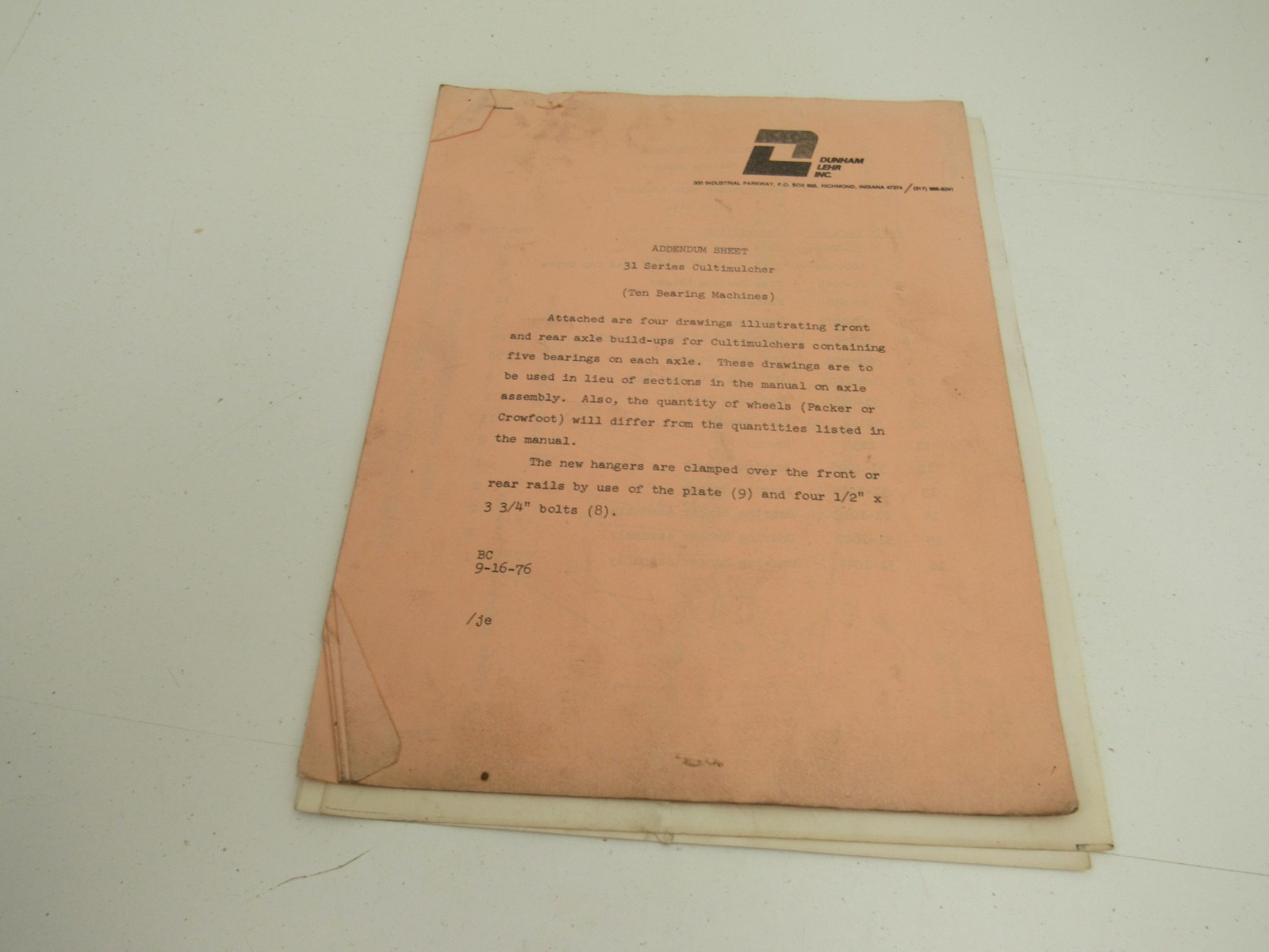 Dunham Lehr Series 31 Culti Mulcher Assembly & Owners Manual