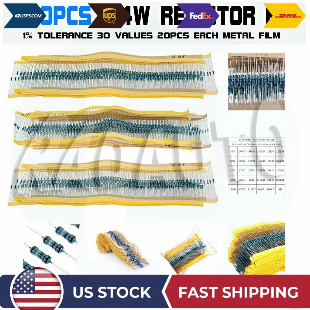 600pcs 30 Values 1/4W Metal Film Resistors Resistance Assortment Kit Set 1% USA