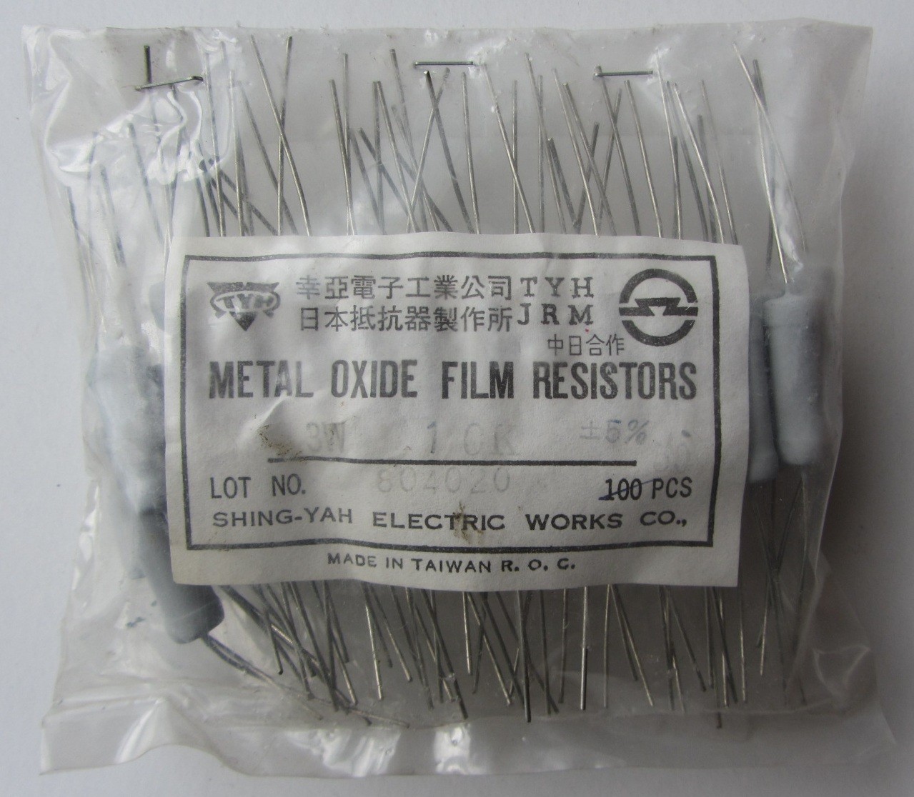 NOS Vtg Bag of 100 pcs Metal Oxide Film Resistors RSN 3W 10K Shing-Yah Taiwan