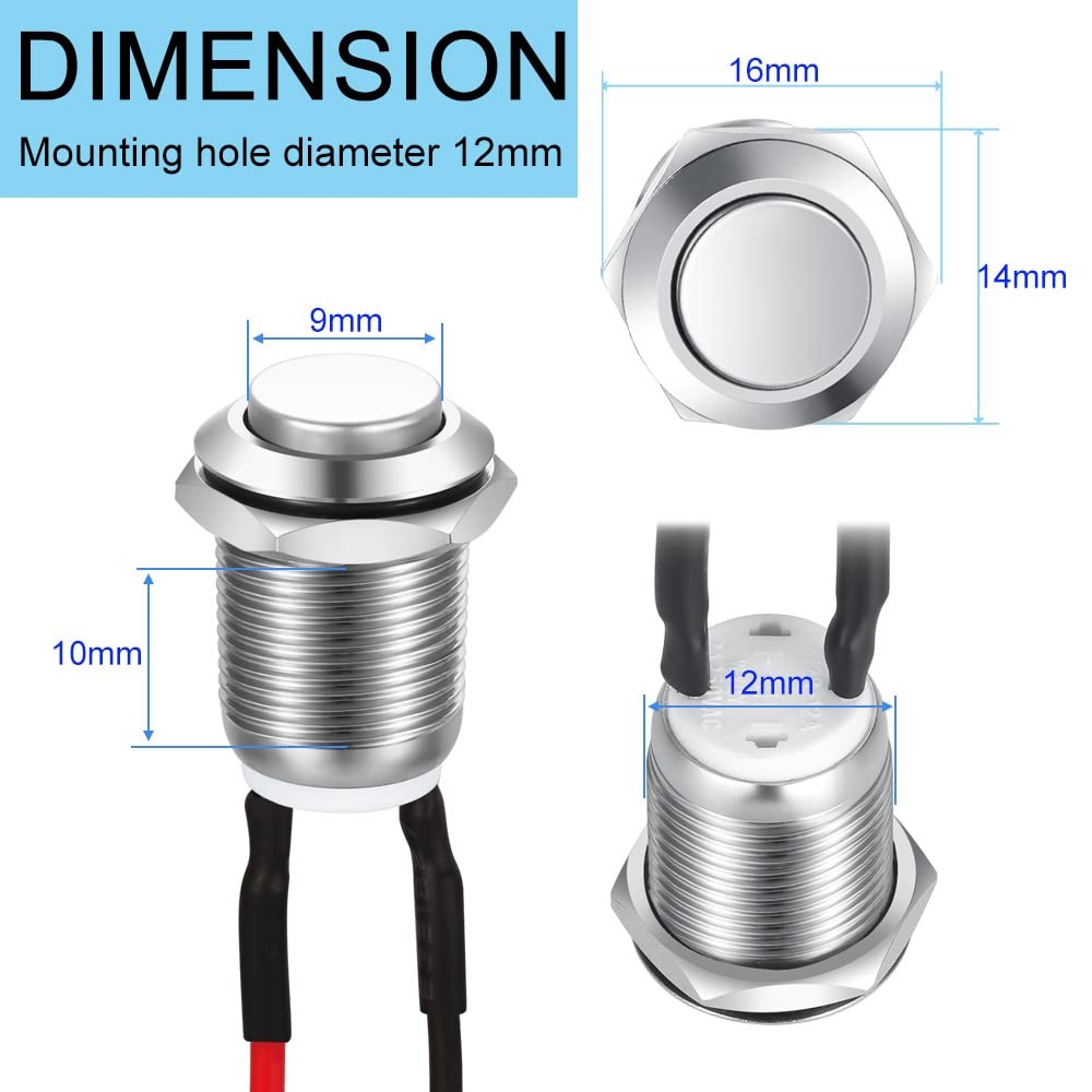 Gebildet 3 Pcs 12mm Prewired High Head Waterproof Push Button SS-Latching