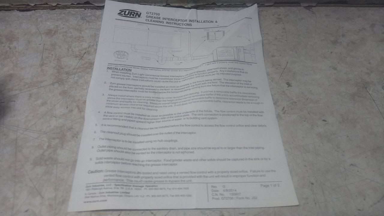 Zurn GT2700-15-2NH 2 In Inlet/Outlet 30 Lb Cap 15 GPM Steel Grease Interceptor