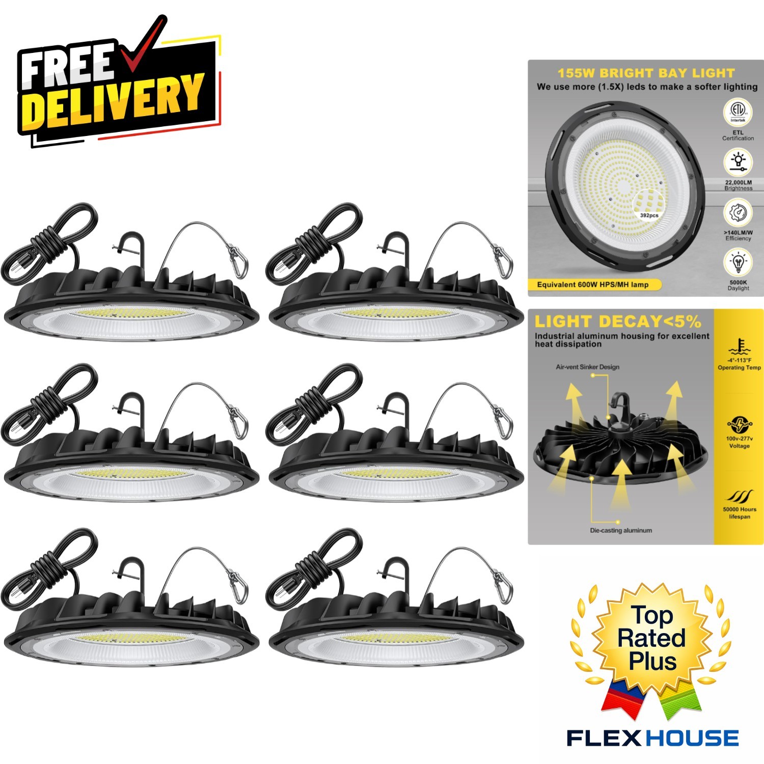 Certified 6 Pack 155W UFO LED High Bay Light – Waterproof, 50000 Hours