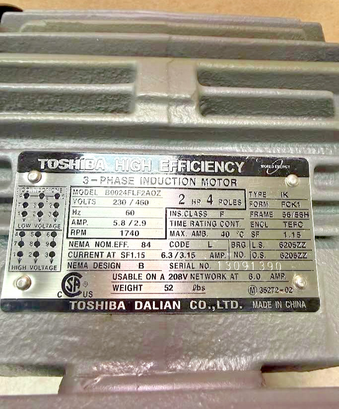 Toshiba B0024FLF2AOZ 2 HP 3-Phase Induction Motor 1740 RPM TEFC 56 Frame – NIB