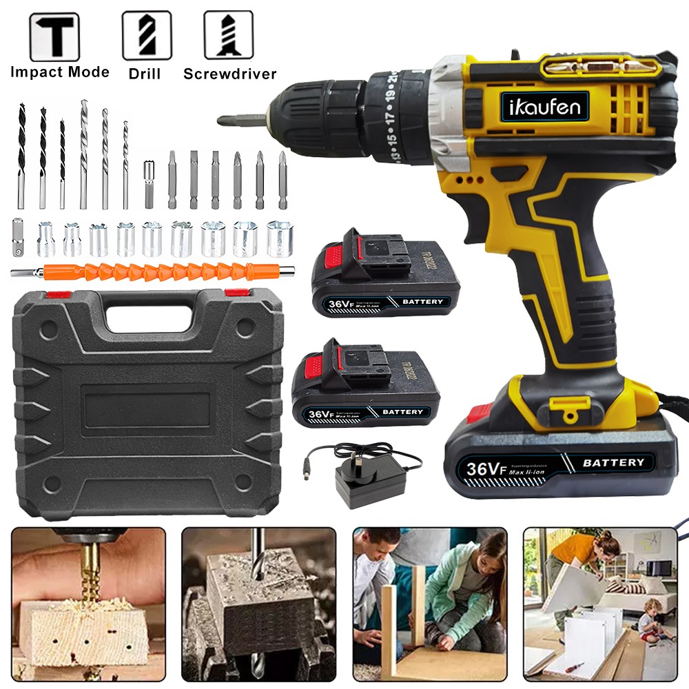 21V Cordless Impact Driver Electric Hammer Drill Combo Kit with 2 Battery B01