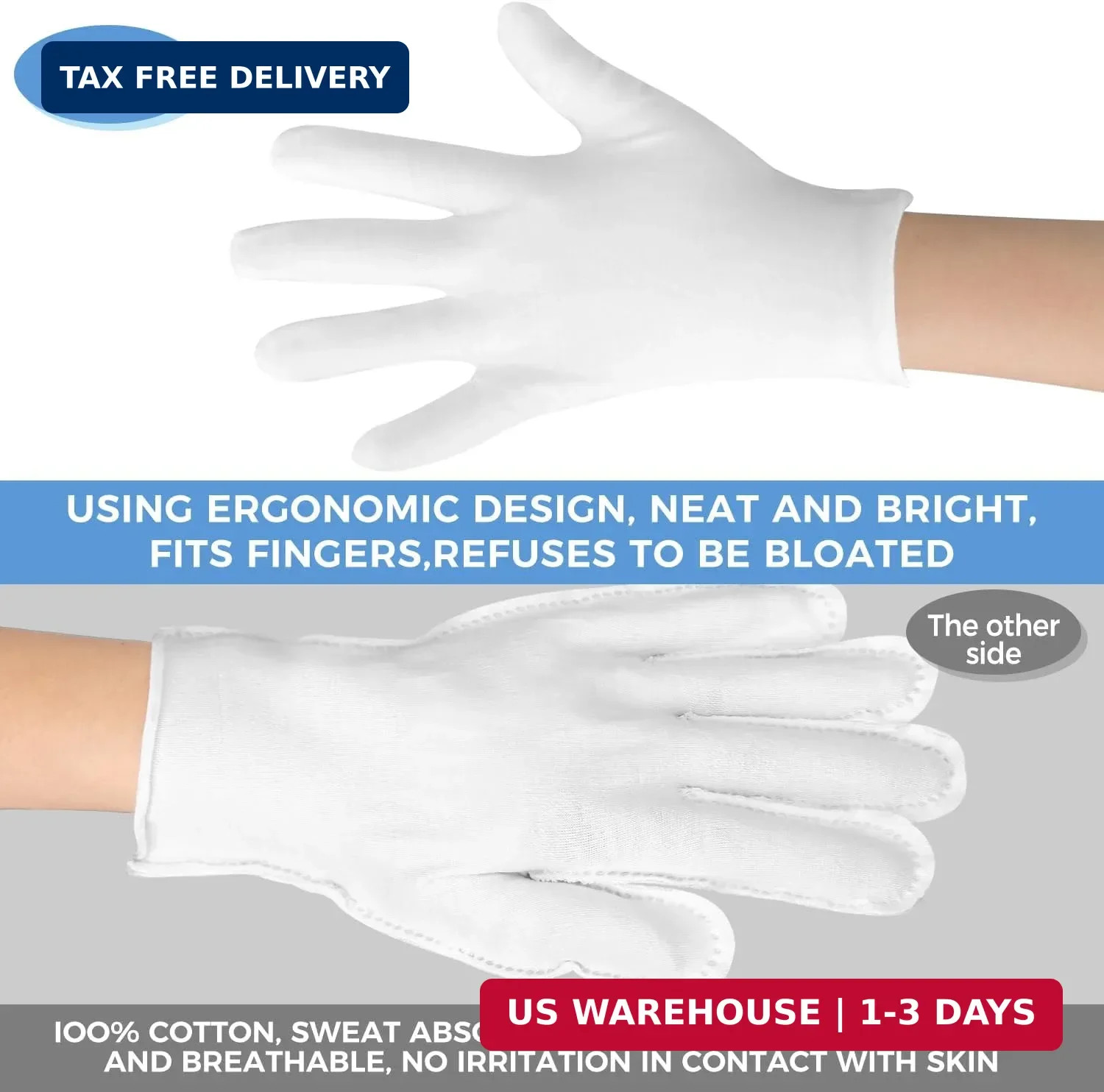 3 Pairs Cotton Gloves for Dry Hands Sleeping Women Men Jewelry Coin Inspection