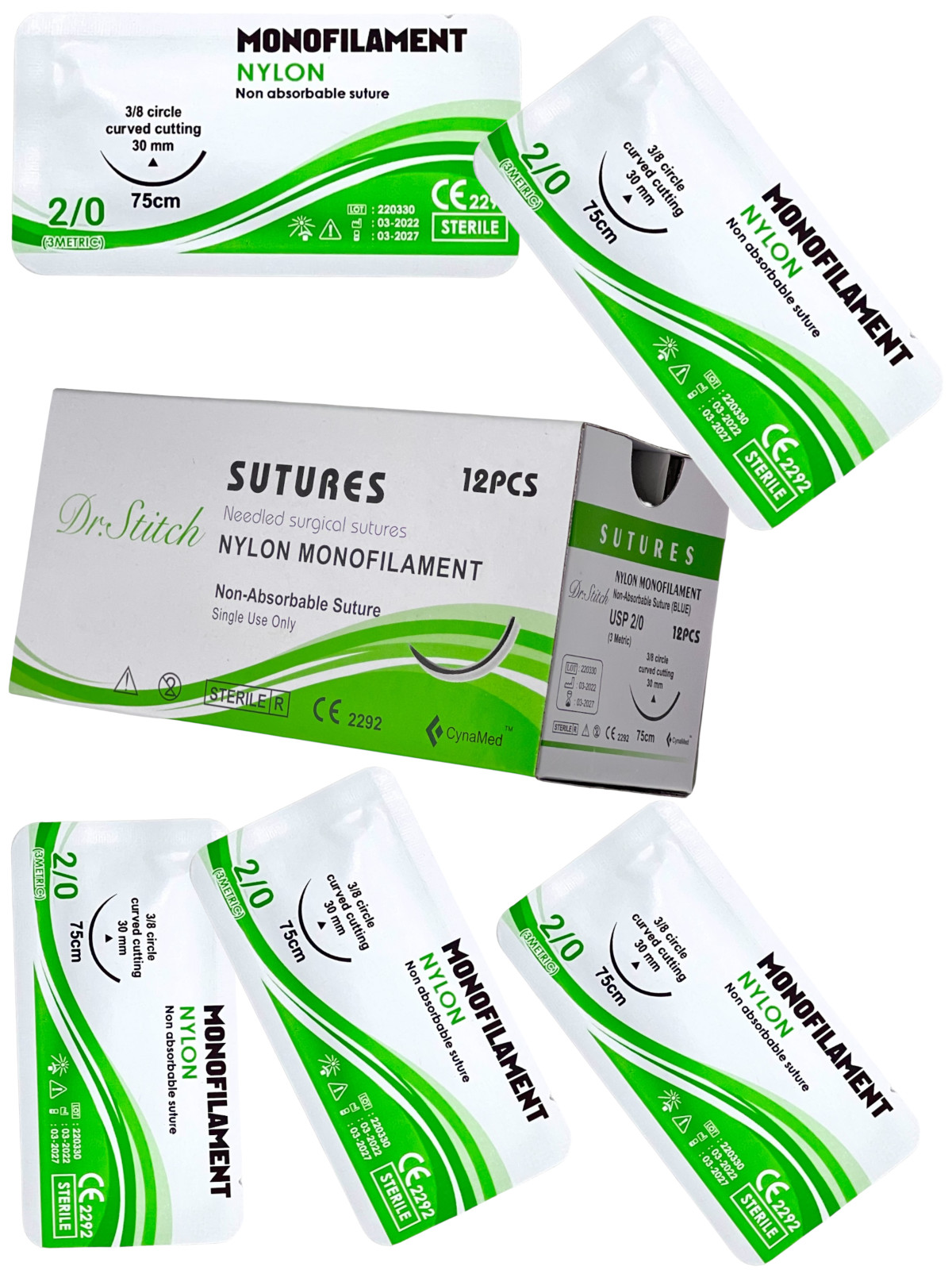 2/0 Monofilament Nylon Sterile Training Suture Thread With Needle Sewing Box12PK
