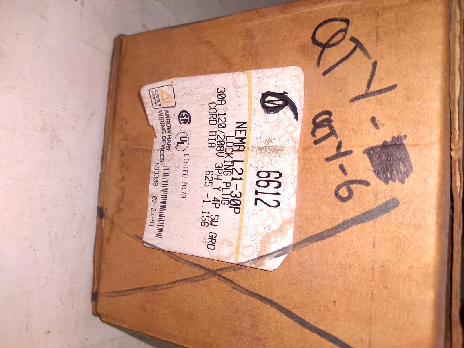 COOPER ARROW-HART 6612 NEMA L21-30P LOCKING PLUG 30A 120/208V 3PH EACH