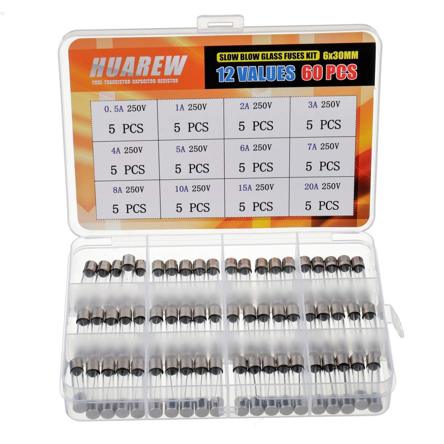 60 Pcs Slow Blow Glass Fuses Assortment Kit 6×30 mm 250V 0.5A to 20A – 12 Values
