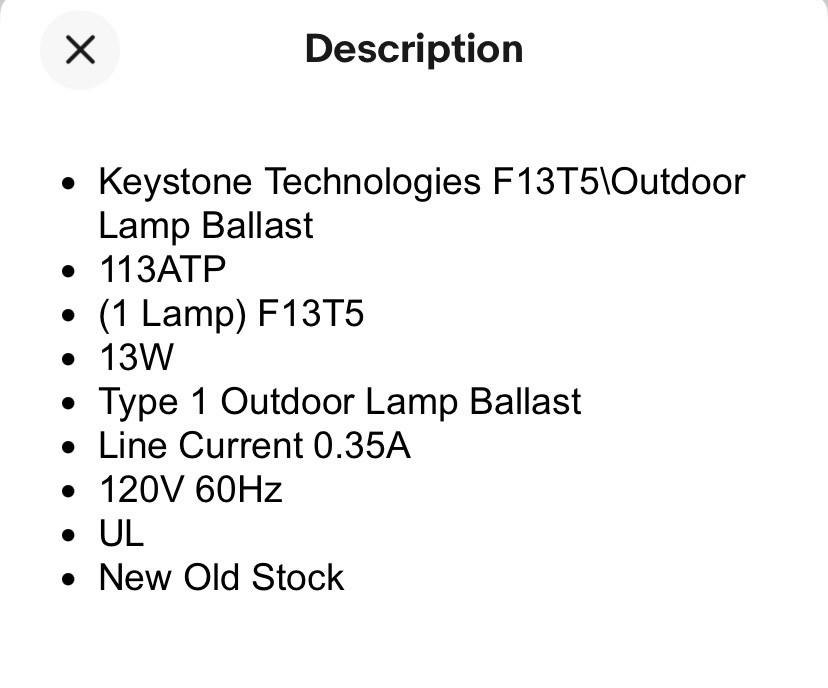 Keystone Technologies 113ATP (1 Lamp) F13T5 13W 120V Outdoor Lamp Ballast * Nice